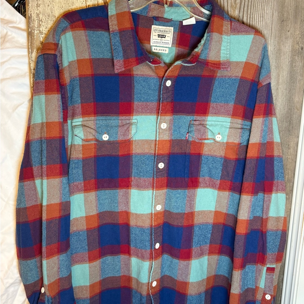 Levi's Red, Blue and Teal Plaid Shirt Size XXL
